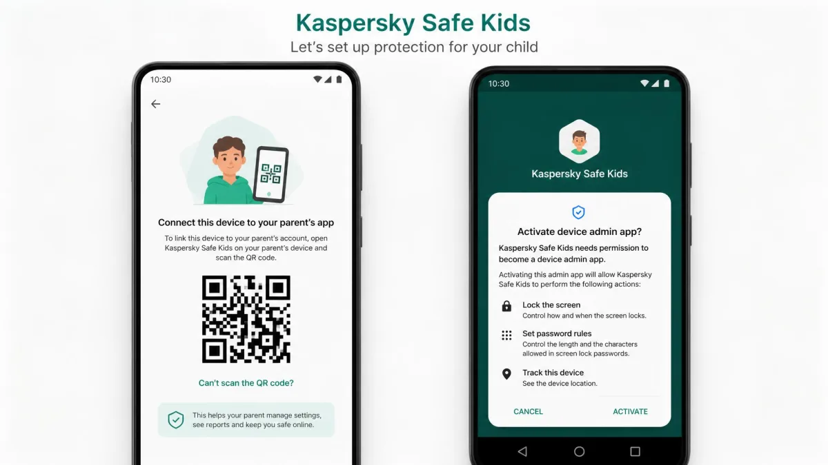 Kaspersky Safe Kids Android setup screen showing the QR code pairing step next to the device admin permission prompt on a child phone.