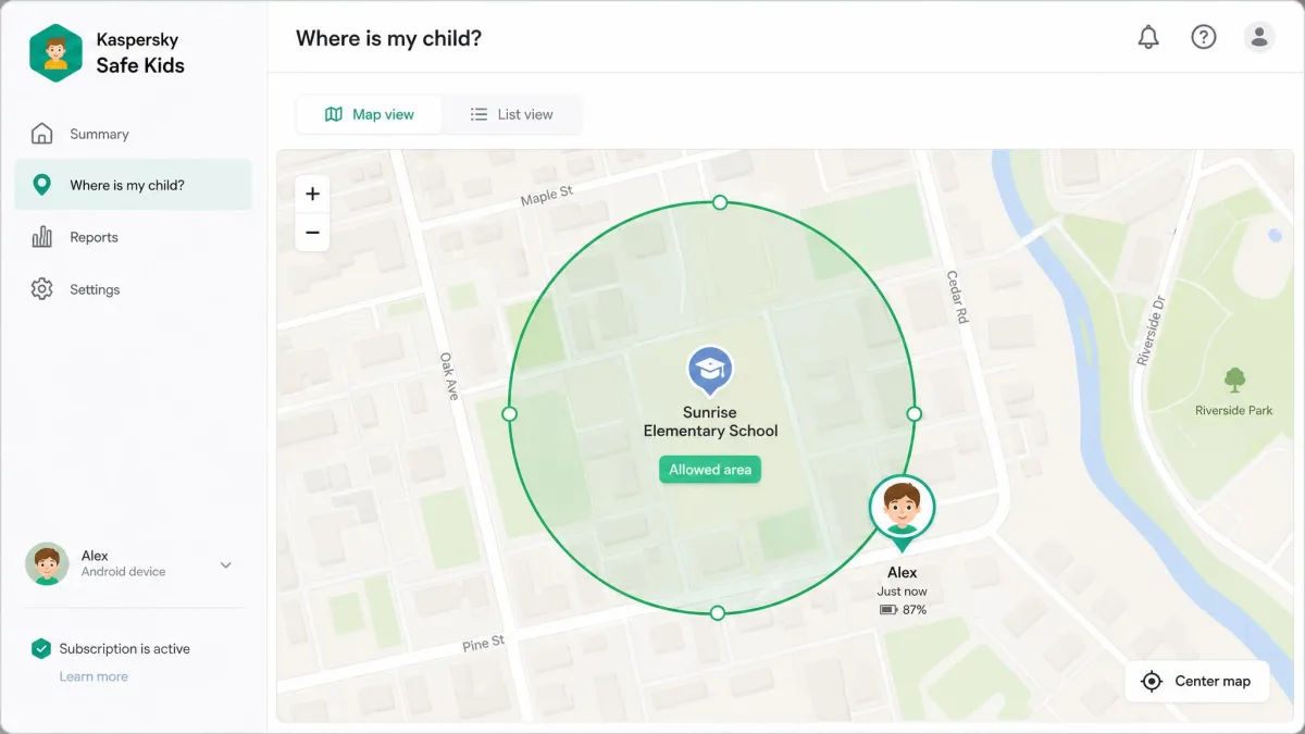 Kaspersky Safe Kids map view with a circular allowed area drawn around a school and a child marker sitting just outside the boundary.