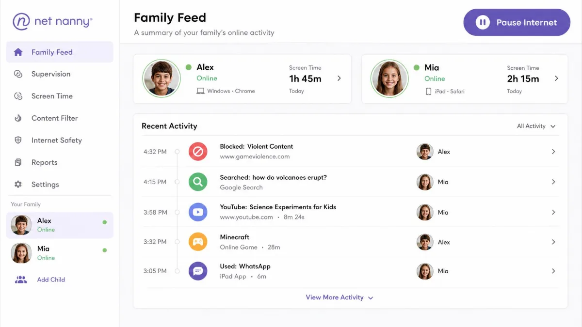 Net Nanny Family Feed dashboard showing two child profiles, a chronological activity list and the Pause Internet control in the top right corner.