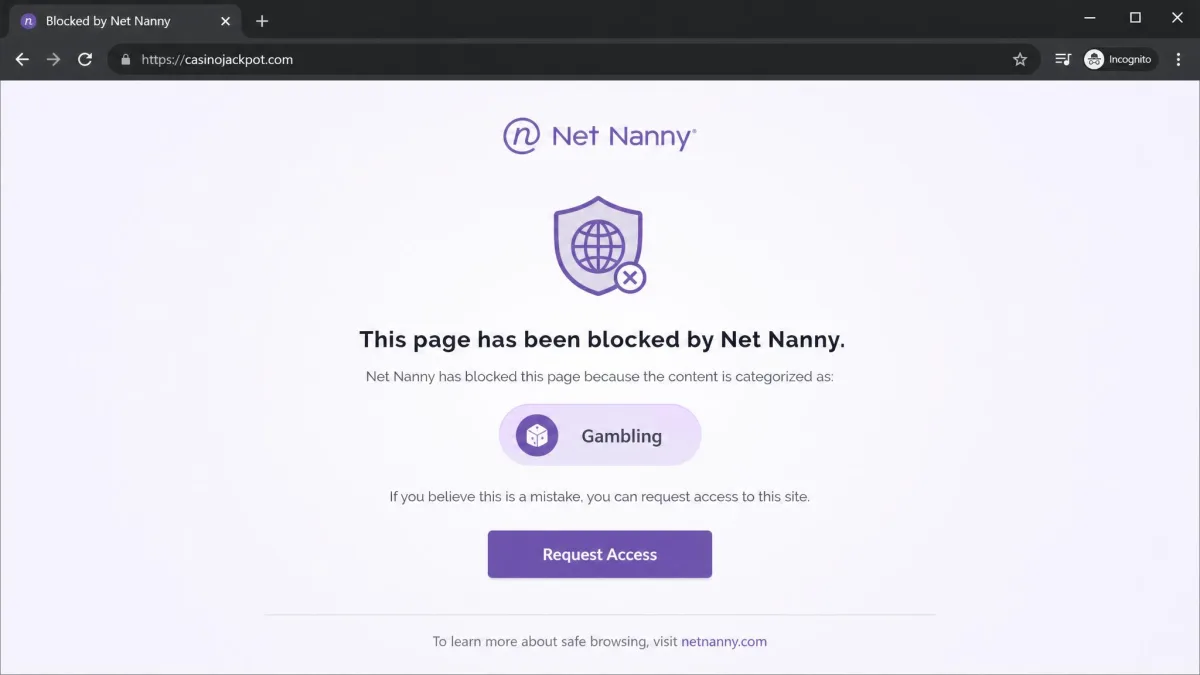 Net Nanny block page appearing in a browser within half a second of loading a gambling site, showing the blocked category name and a request-access button.