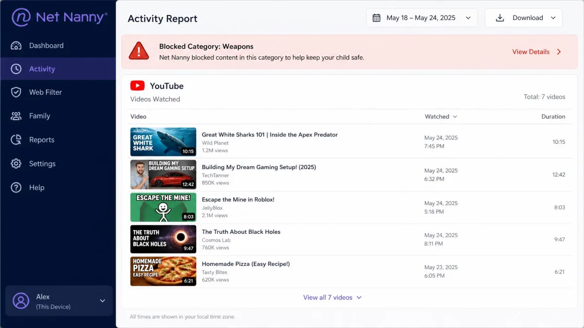 Net Nanny activity report listing watched YouTube video titles with thumbnails and a blocked-category warning banner across the top of the panel.