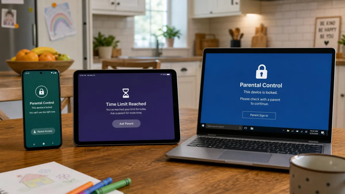 A kitchen table with an Android phone, an iPad and a Windows laptop, each showing a parental control lock screen, illustrating mixed-device household coverage.