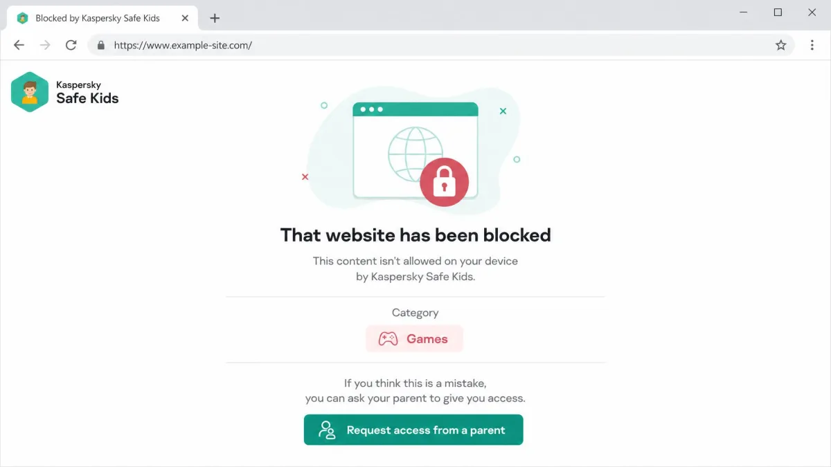 A blocked website warning page shown in a browser by Kaspersky Safe Kids, with the category name and a button for the child to request access from a parent.