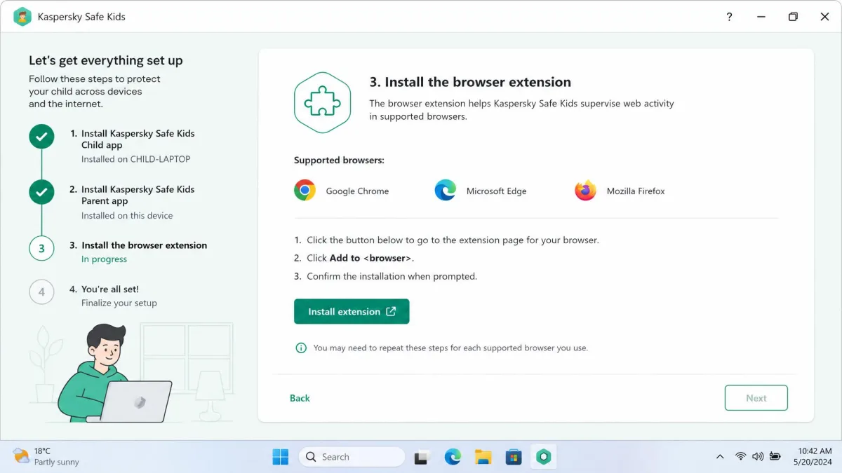 Kaspersky Safe Kids setup screen on a Windows laptop prompting the parent to install the browser extension, with the child app and parent app steps already ticked off.