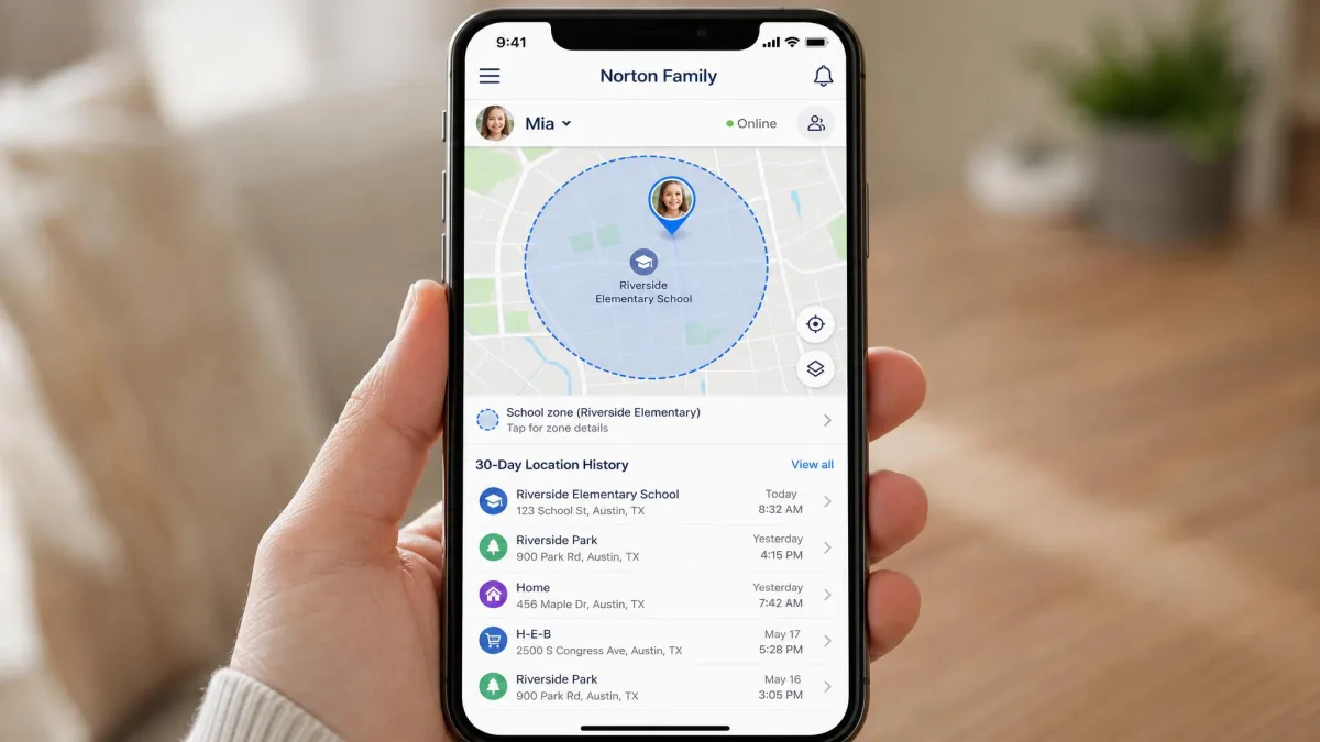 Norton Family location map on a parent phone showing a child pin, a circular geofence boundary around a school and the 30-day location history list below it.