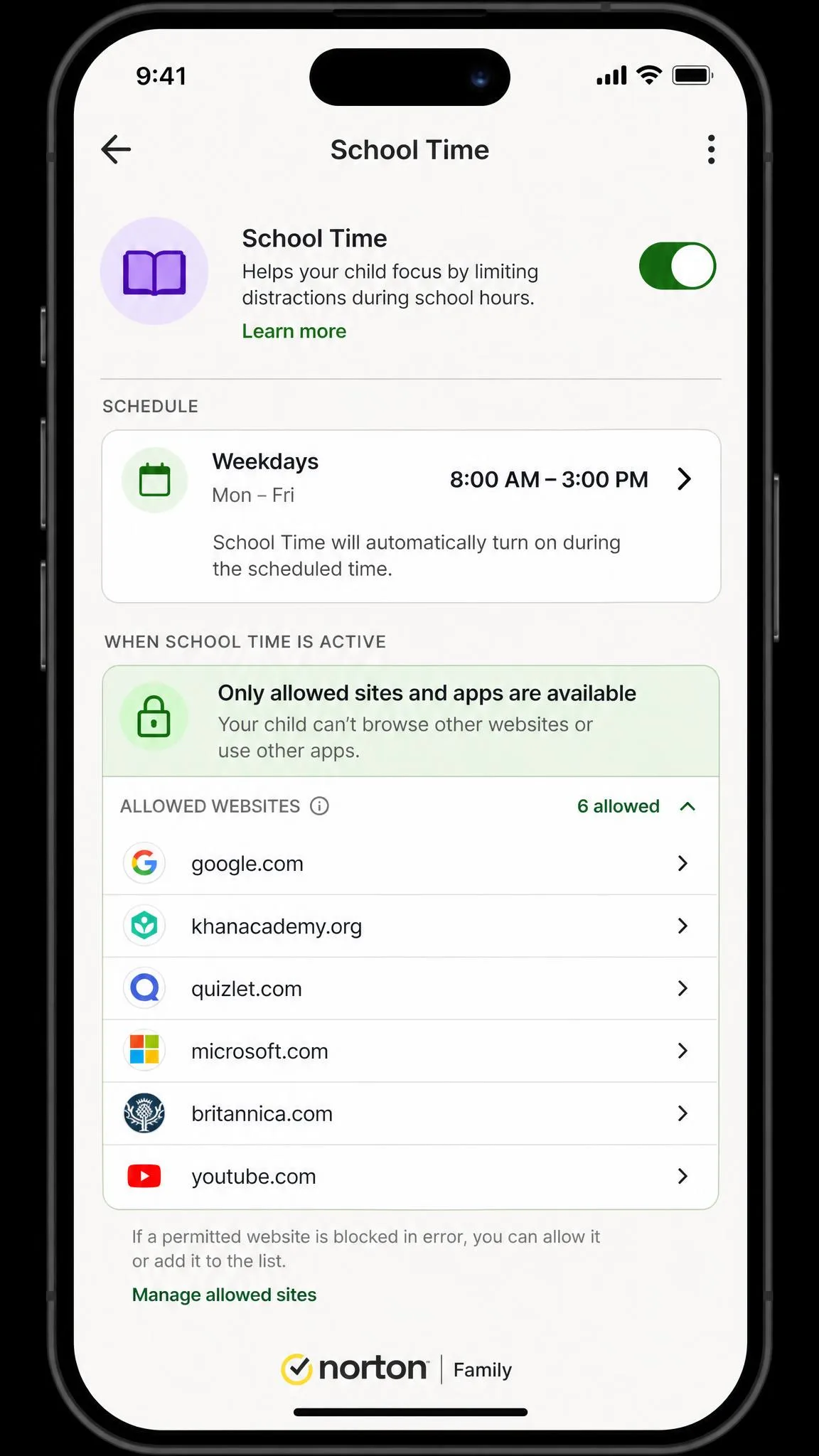 Norton Family School Time settings on a parent phone showing weekday study hours and the list of sites still allowed while the mode is active.