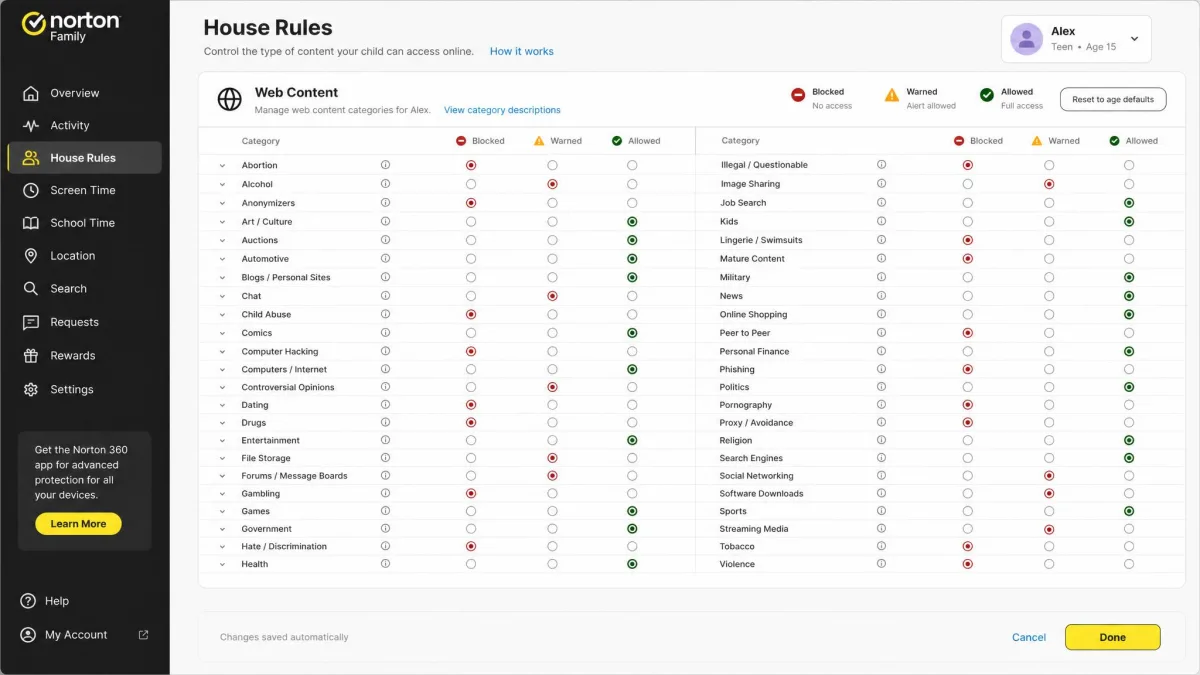 Norton Family house rules screen listing dozens of web content categories with toggles for blocked, warned and allowed sites for a teenage child profile.