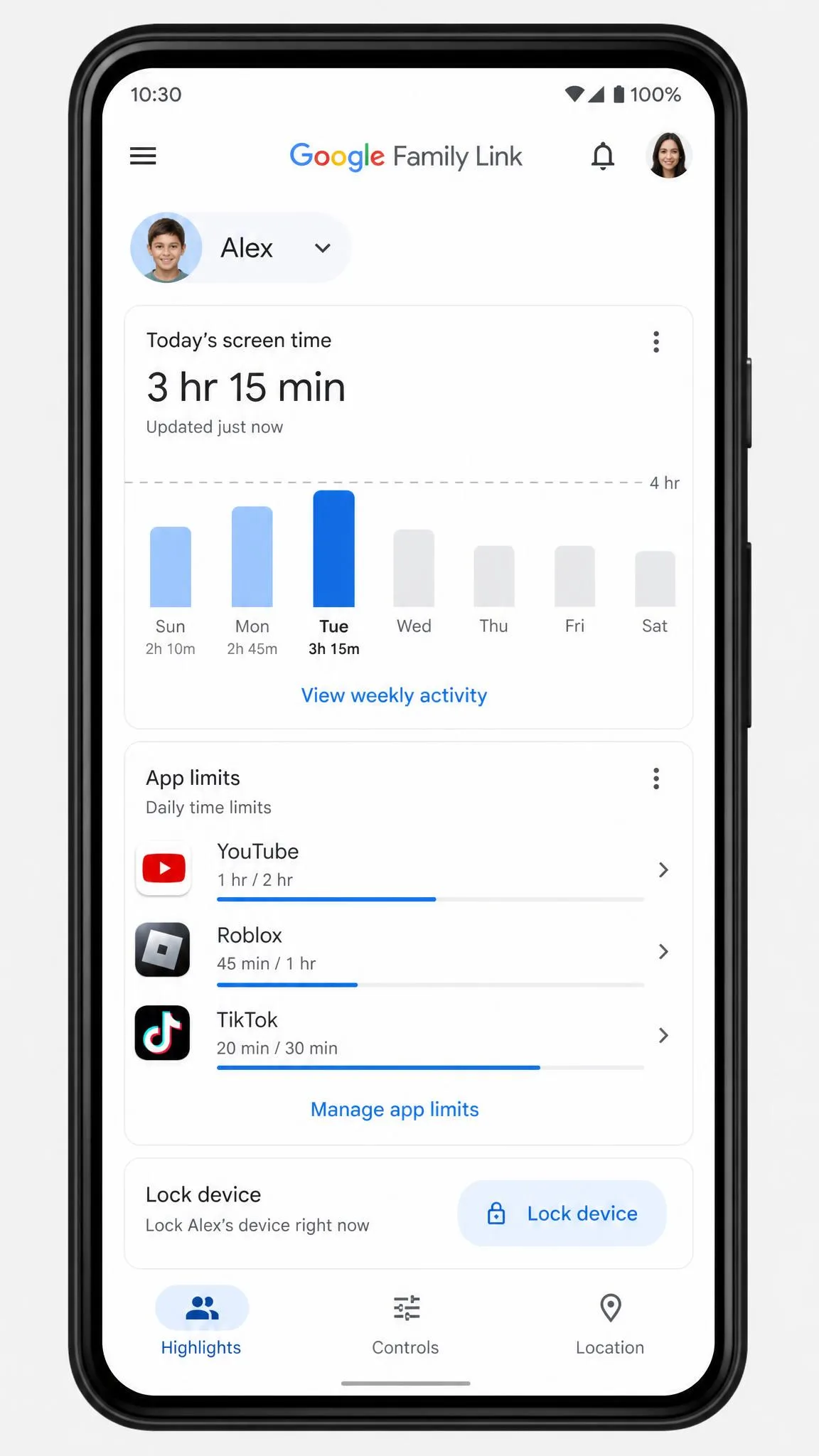 The Google Family Link app open on a parent phone showing a child's daily screen time chart, app-level time limits and a device lock button.