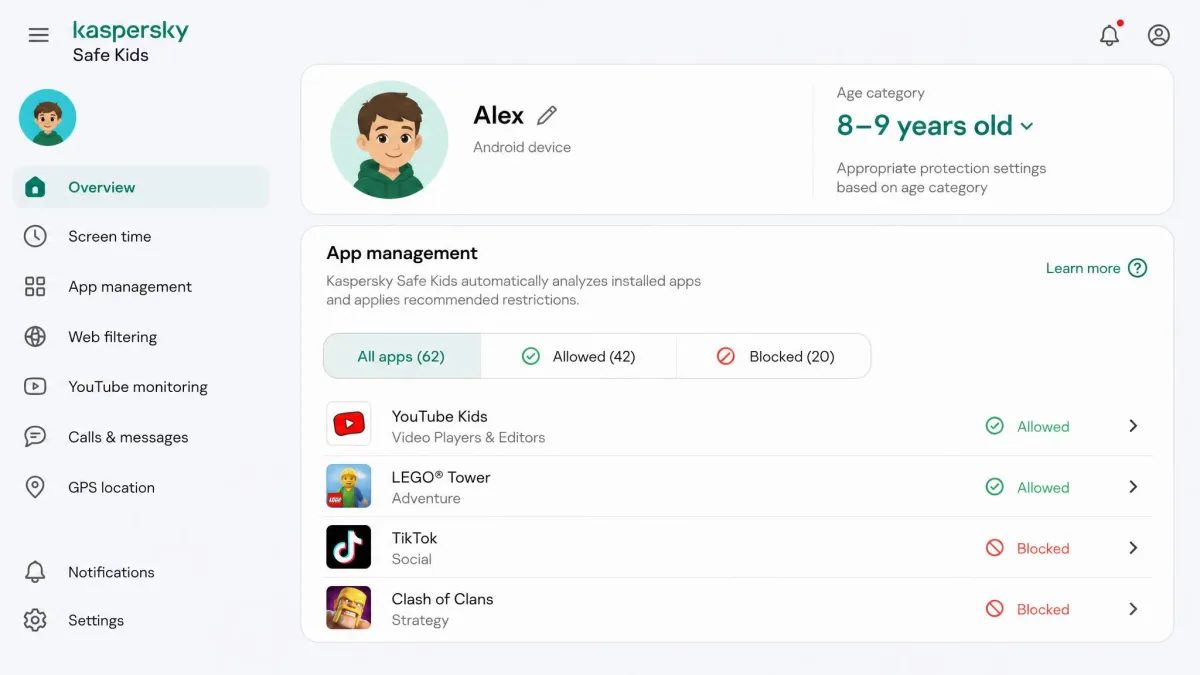 The Kaspersky Safe Kids app control screen showing a child profile set to an age category, with a list of installed apps automatically marked allowed or blocked below it.
