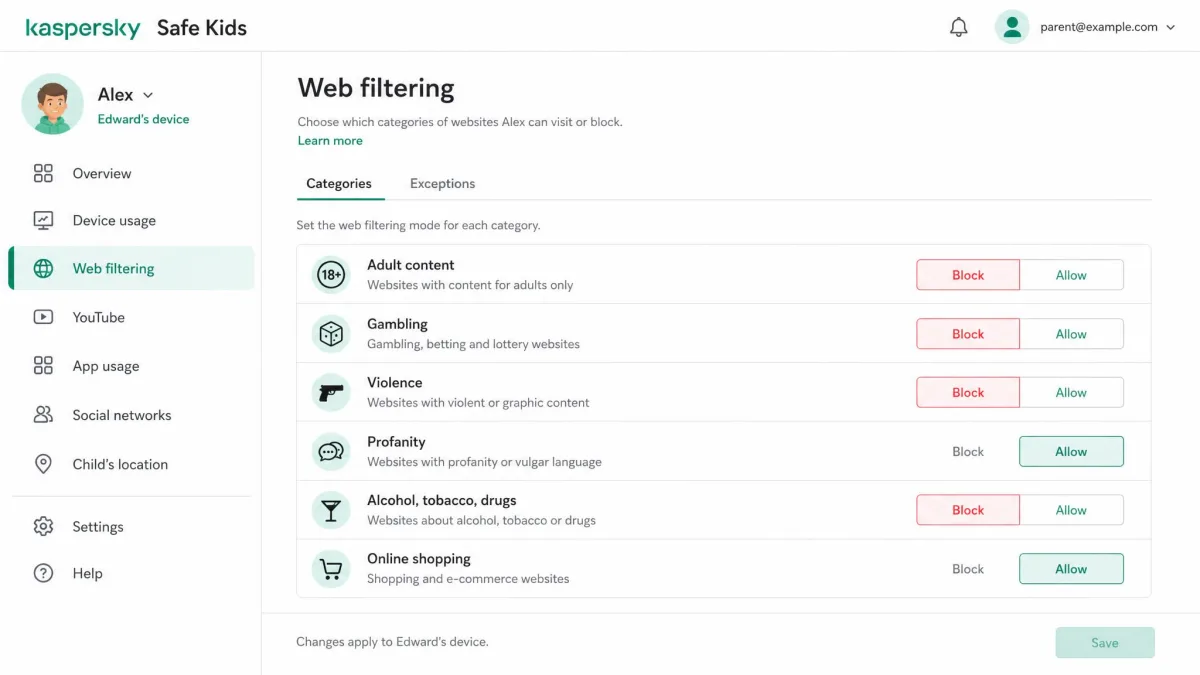 The Kaspersky Safe Kids web filtering settings screen listing content categories such as adult content, gambling and violence, each with a block or allow toggle beside it.