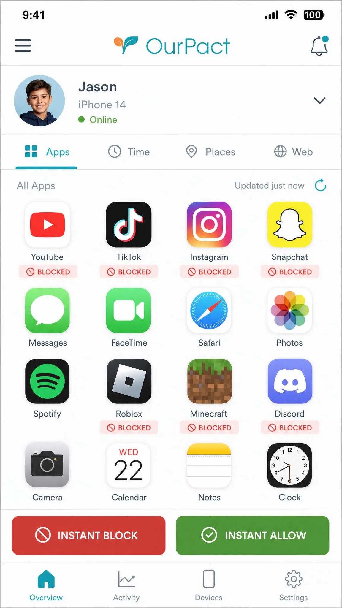The OurPact parent app showing a grid of app tiles from a child's iPhone with several marked as blocked, and the instant block and allow buttons at the bottom of the screen.