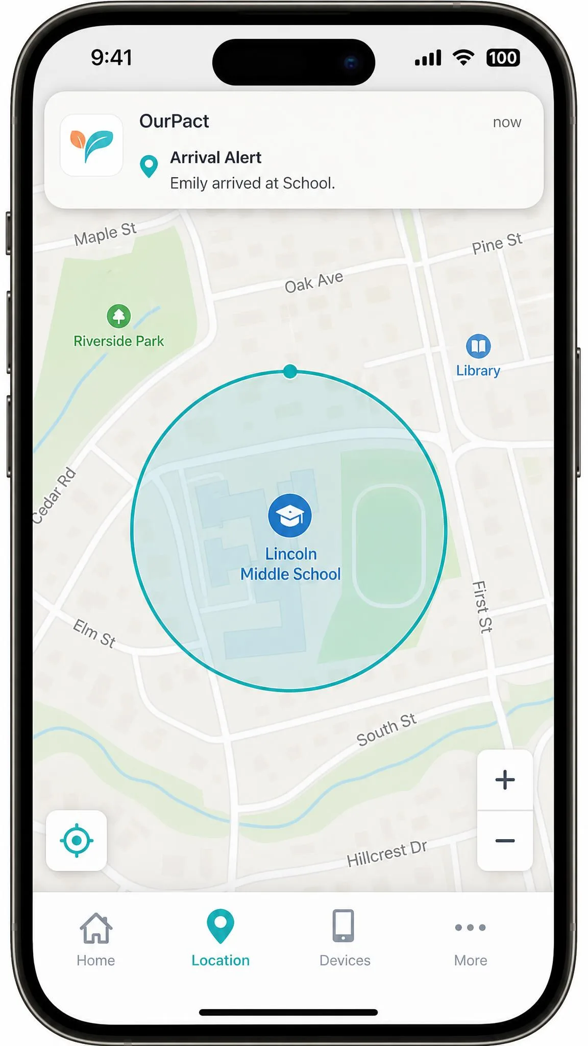 The OurPact location map showing a circular geofence drawn around a school with an arrival alert notification banner across the top of the phone screen.