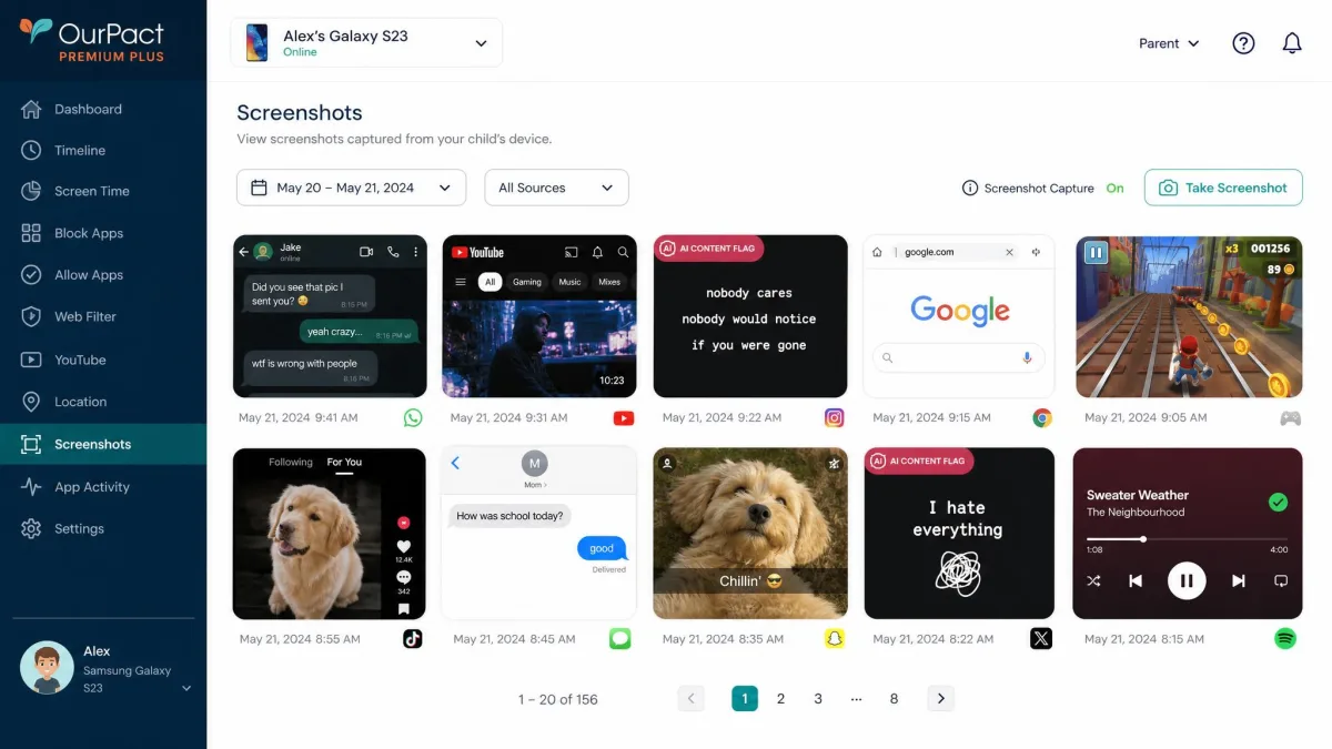 The OurPact Premium plus screenshot gallery showing a grid of captured child-device screens with two thumbnails marked by an AI content flag badge.