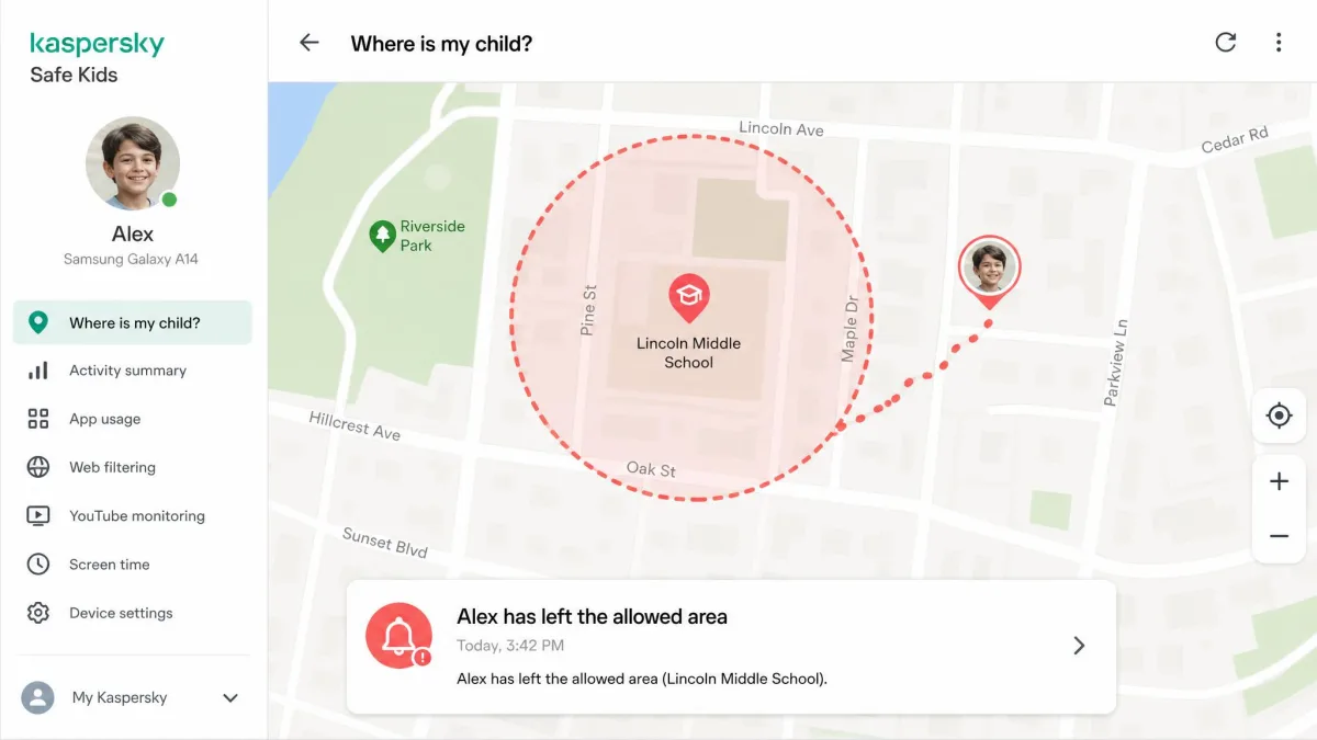 Kaspersky Safe Kids parent app showing a map with a circular geofence drawn around a school and an alert notification that the child has left the allowed area.