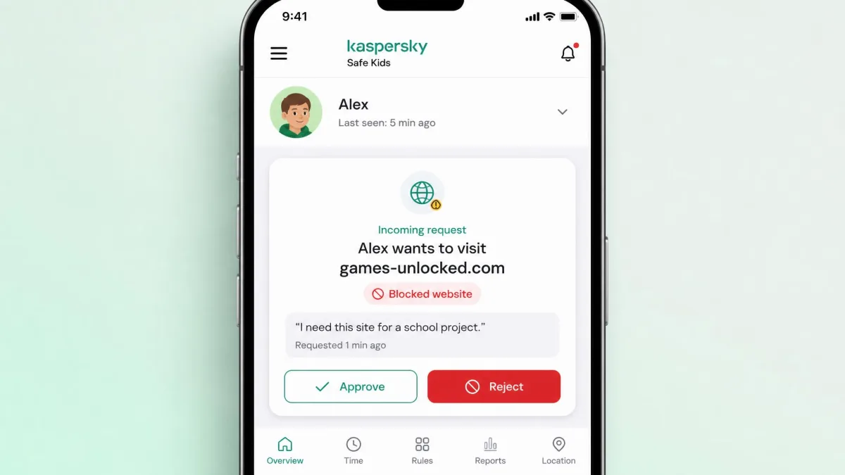 Kaspersky Safe Kids parent mobile app showing an incoming request from a child to visit a blocked website, with approve and reject buttons.