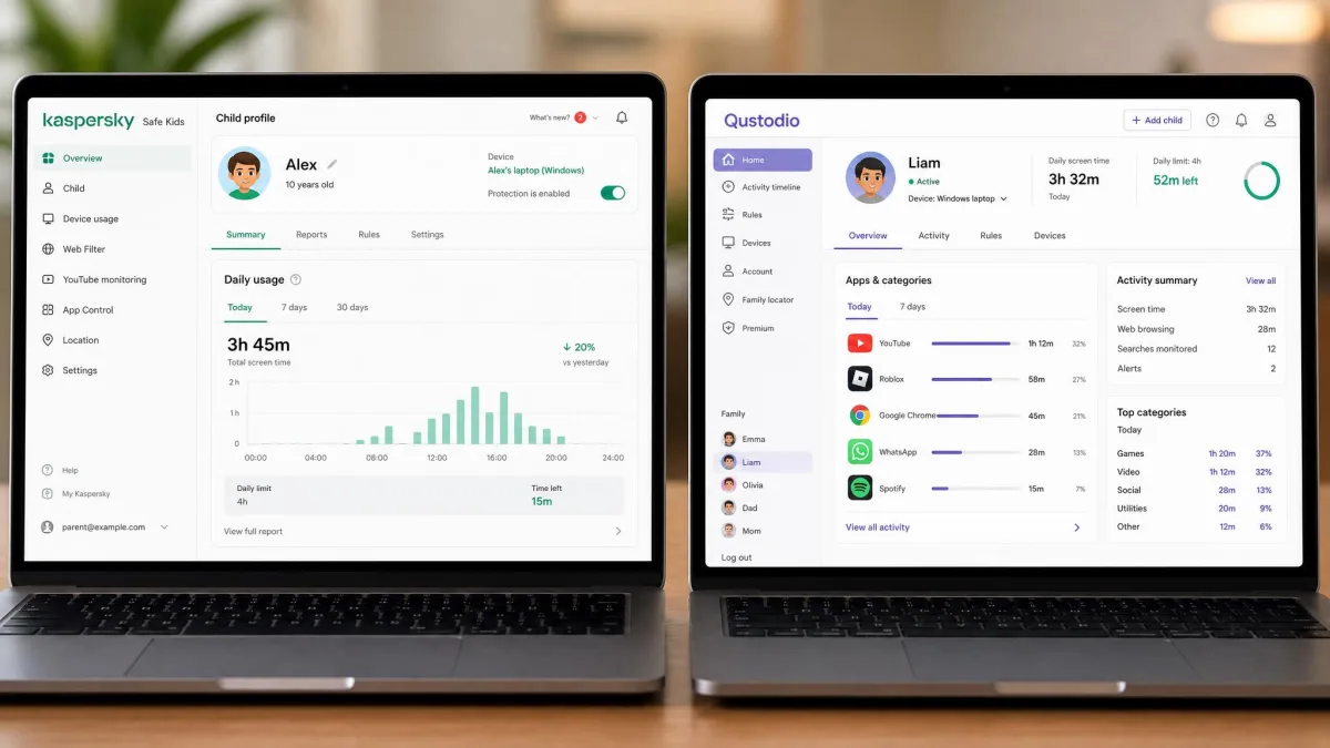Two laptop screens side by side showing the Kaspersky Safe Kids web dashboard on the left with a child profile and daily usage chart, and the Qustodio family dashboard on the right with per-app time breakdowns.