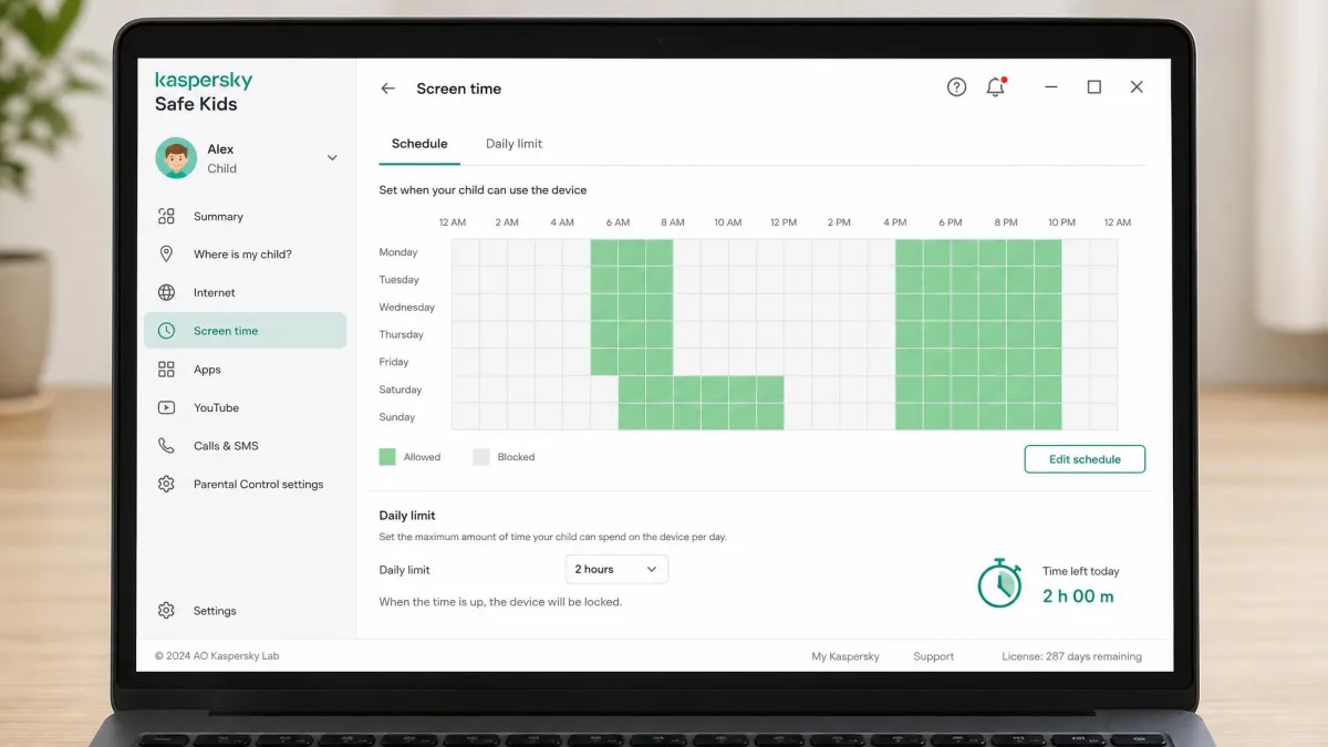 Kaspersky Safe Kids screen time settings on a laptop showing a weekly schedule grid with allowed hours shaded green and a two hour daily limit set for a child profile.
