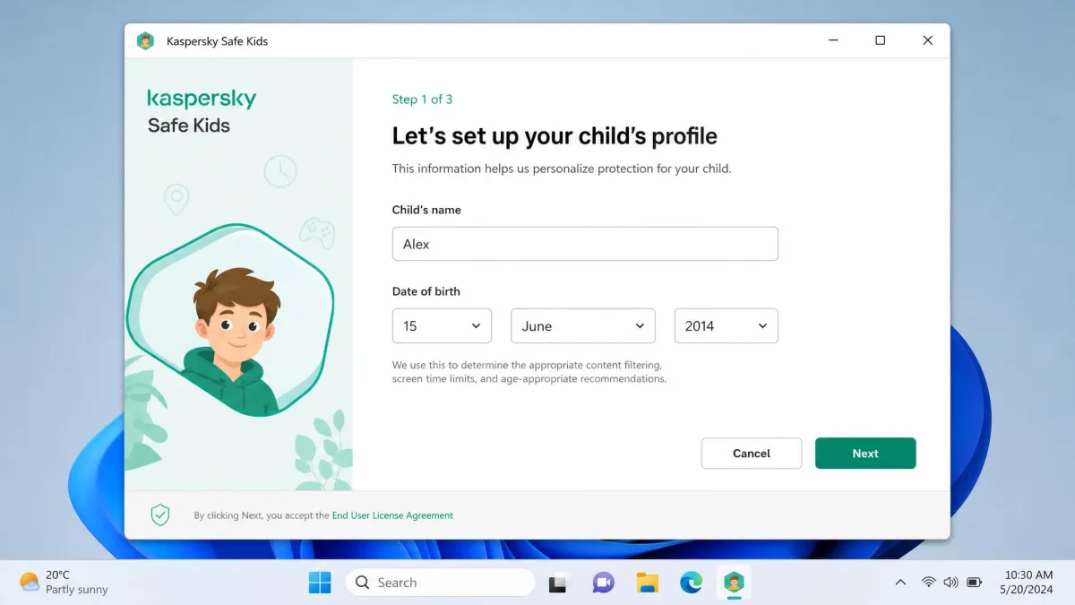 Kaspersky Safe Kids setup wizard on a Windows laptop asking for the child's name and date of birth while pairing a first device.