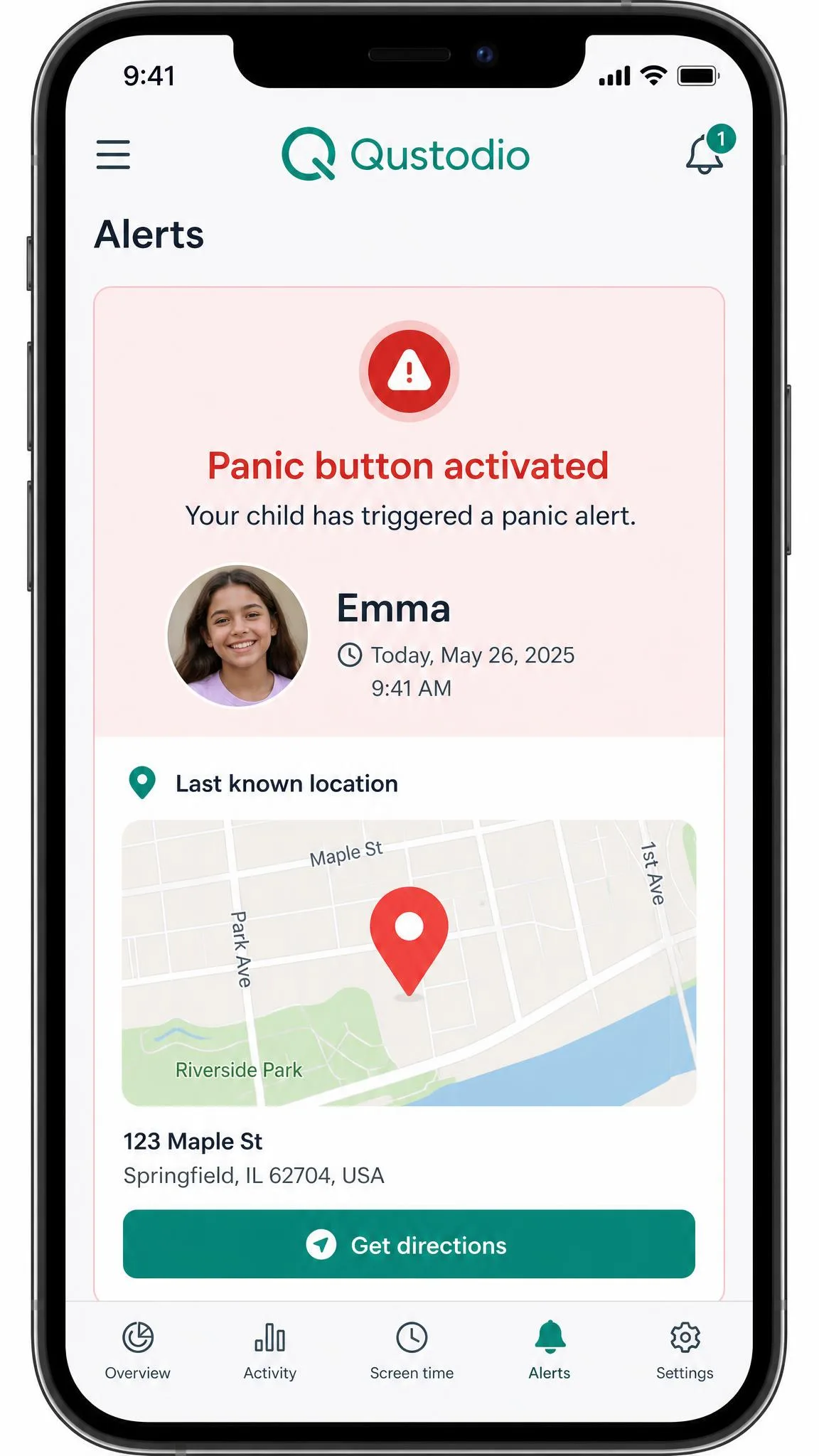 Qustodio parent app on a phone displaying a panic button alert from a child, with the child's name, timestamp and a map pin showing their location.