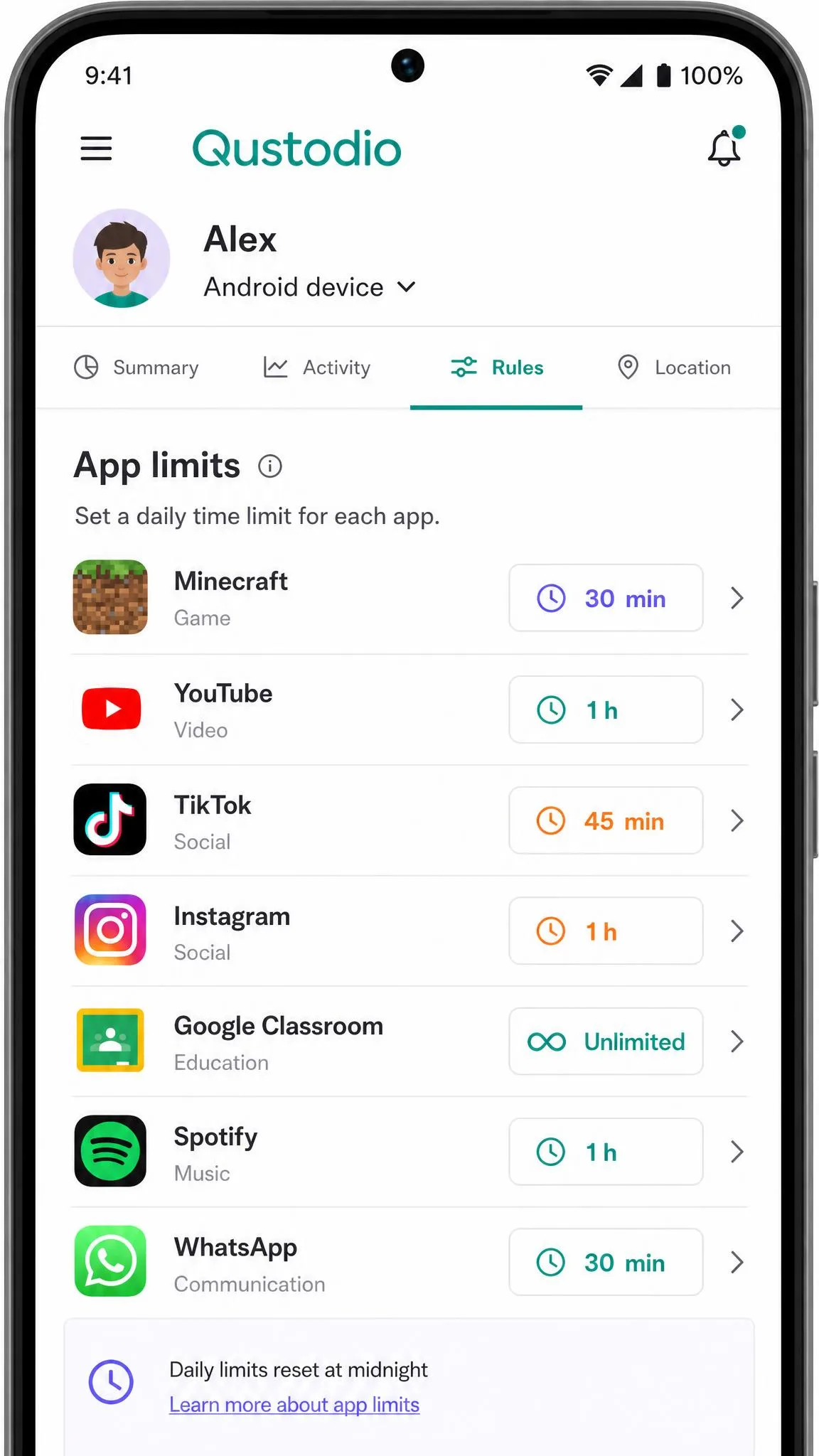 Qustodio parent app on a phone showing a list of installed Android apps with individual daily time limits set, including a thirty minute cap on a game and an unlimited setting for a school app.