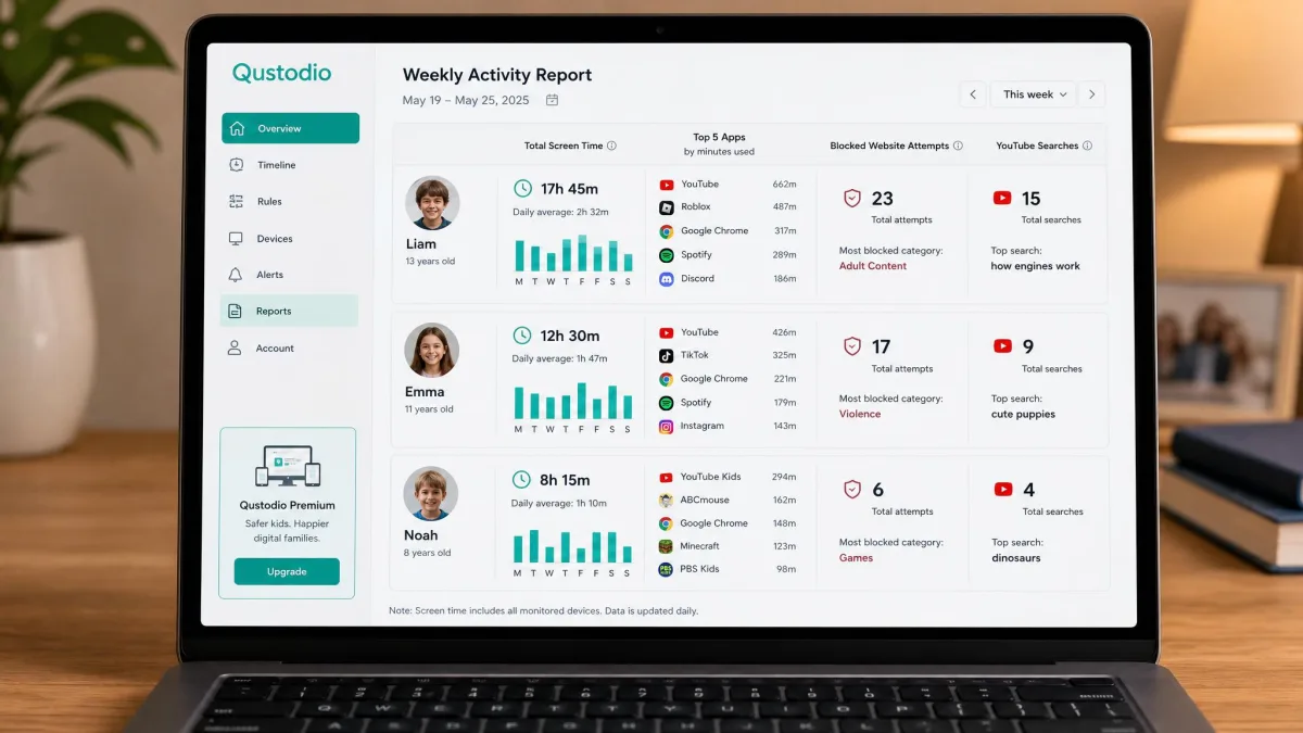 Qustodio weekly activity report on a laptop showing a per-child timeline with total screen time, top five apps by minutes used, blocked website attempts and YouTube searches.