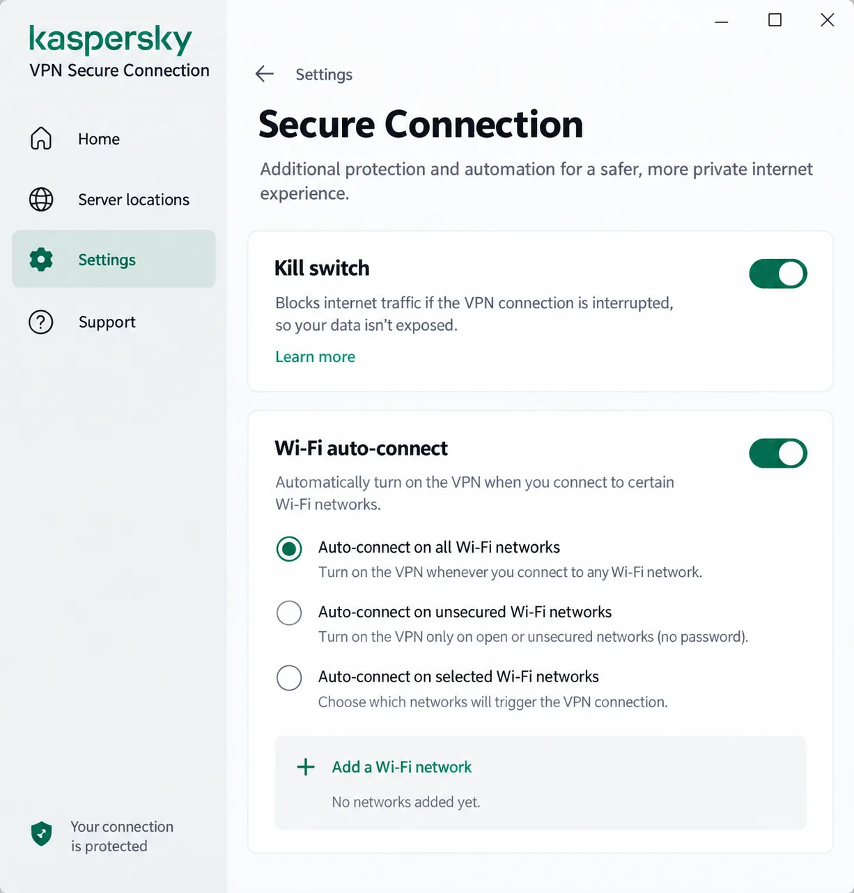 The Kaspersky VPN Secure Connection settings screen showing the kill switch toggle and Wi-Fi auto-connect rules.