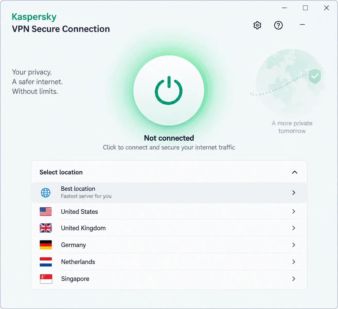 The Kaspersky VPN Secure Connection app on Windows with its single connect button and a short server list.