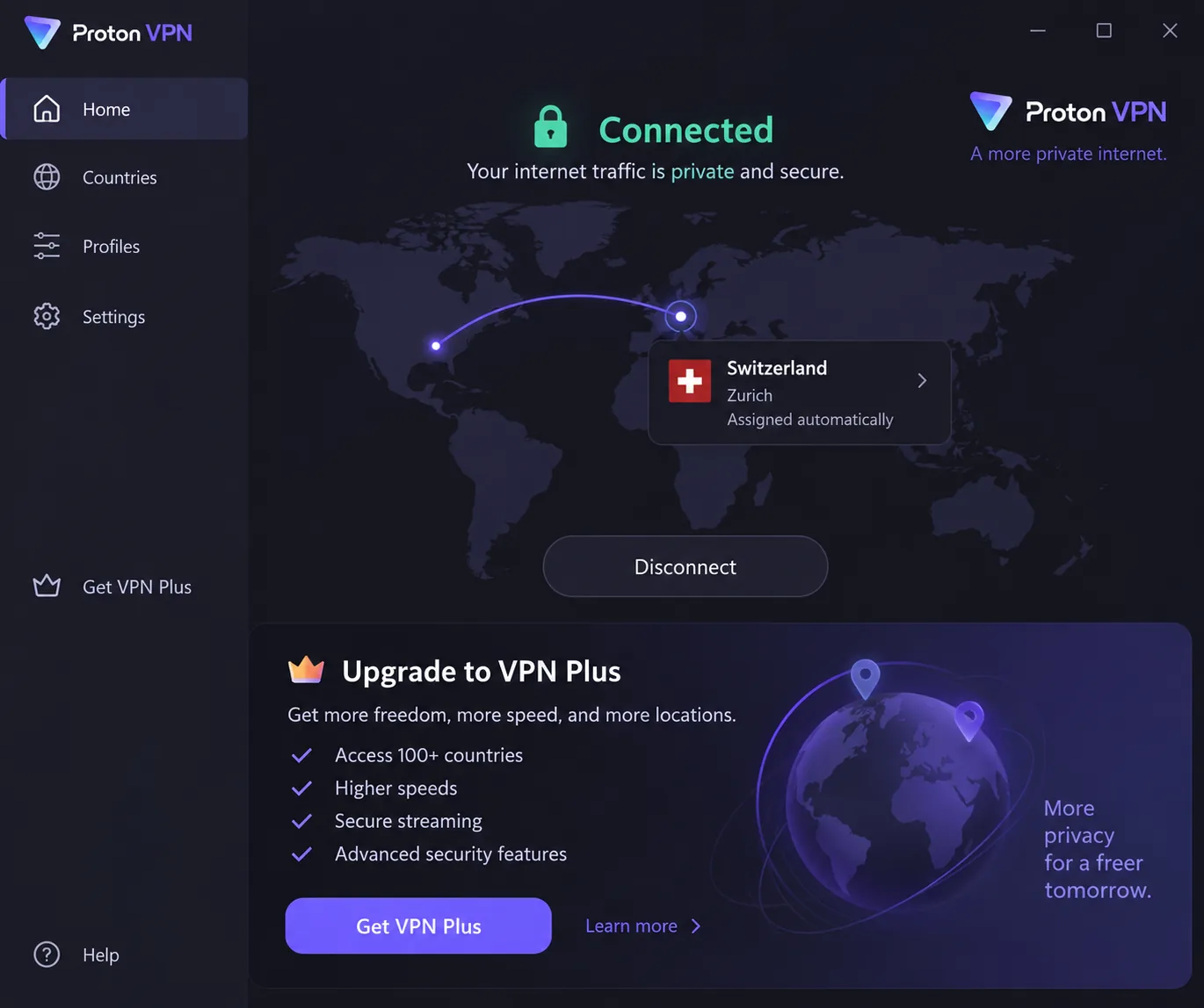 The Proton VPN app on the free plan, connected to an automatically assigned server with an upgrade prompt for VPN Plus.