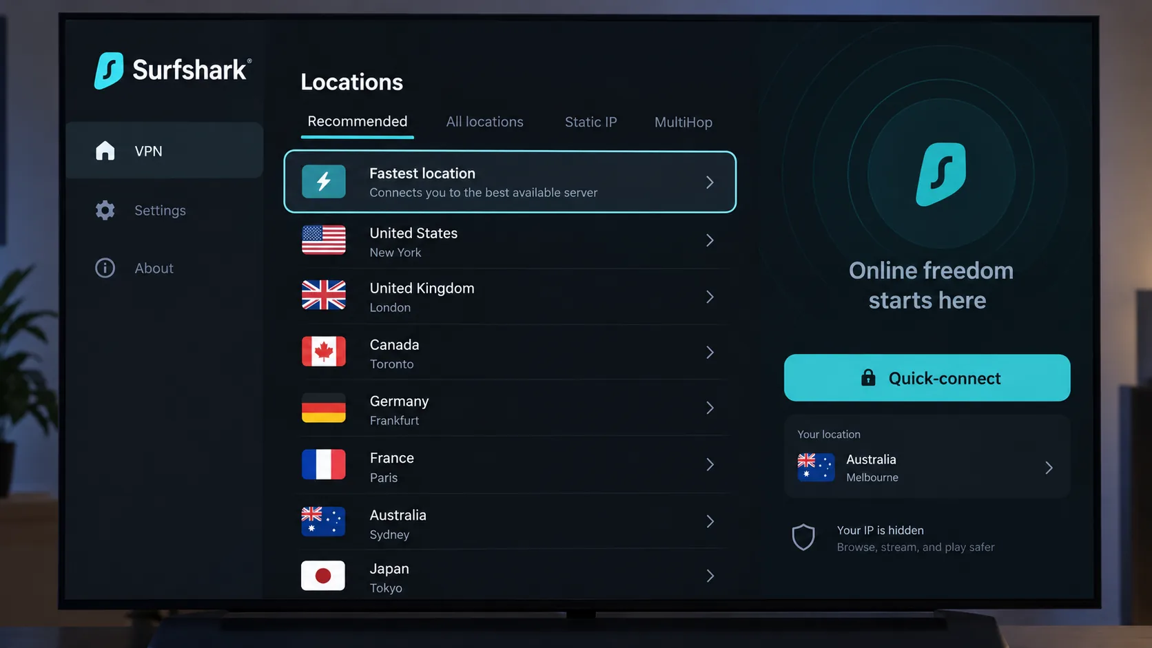 The Surfshark app on an Android TV home screen, showing the quick-connect button and a location list navigable by remote.