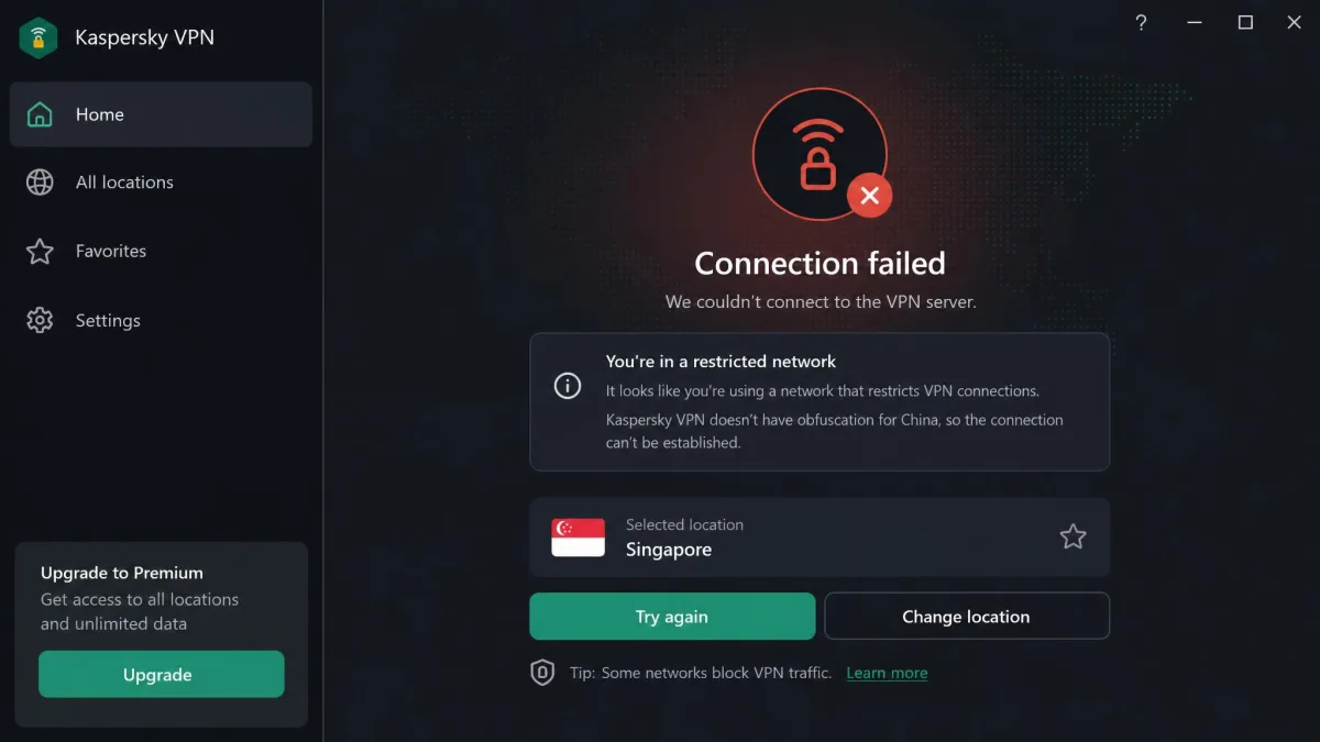 The Kaspersky VPN app displaying a failed connection attempt from within a restricted network, illustrating that it lacks obfuscation for China.