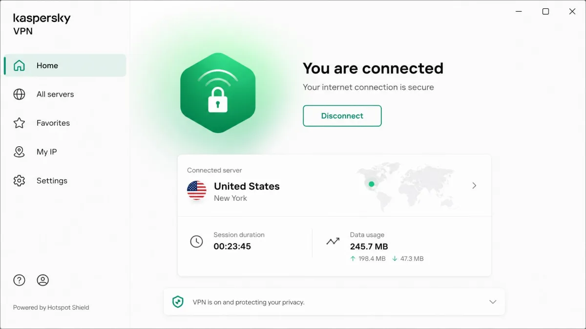 The Kaspersky VPN desktop app in its connected state, with a green status indicator, the active server country, and the session data usage displayed.