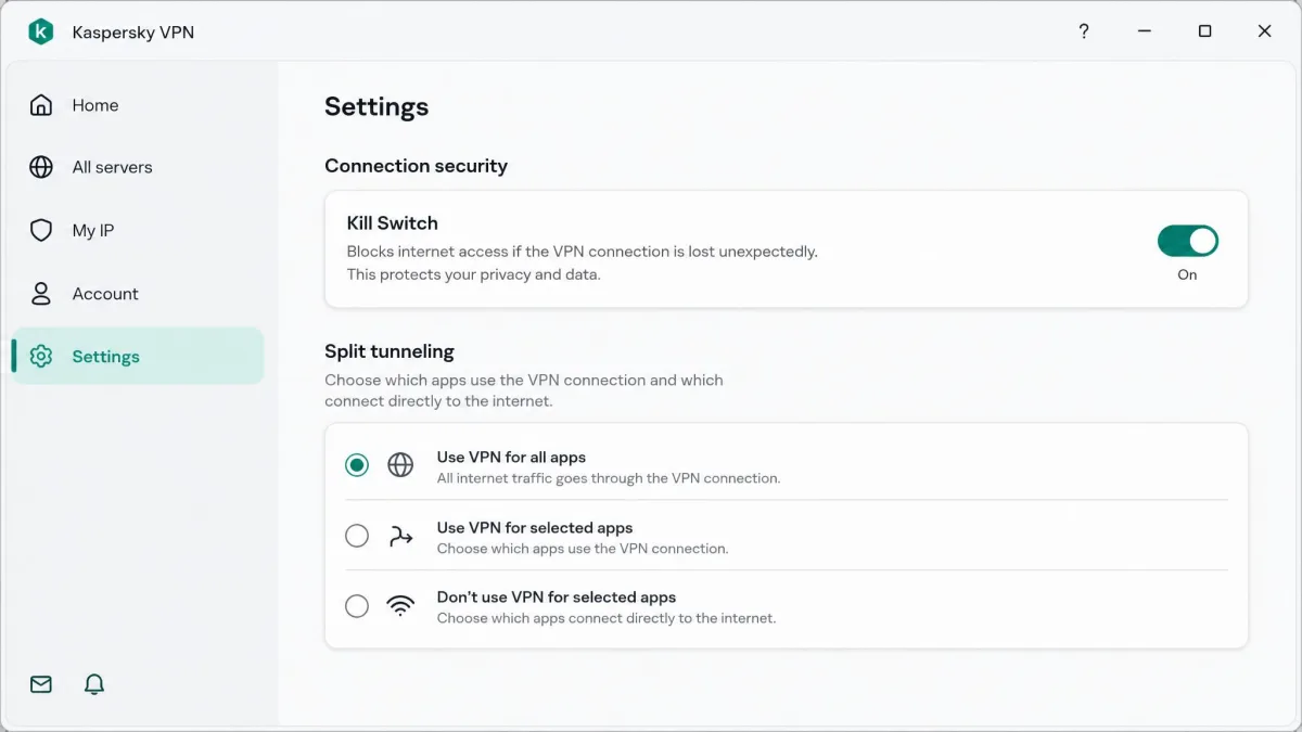 The Kaspersky VPN settings panel with the kill switch toggle enabled and split tunneling options visible below it.
