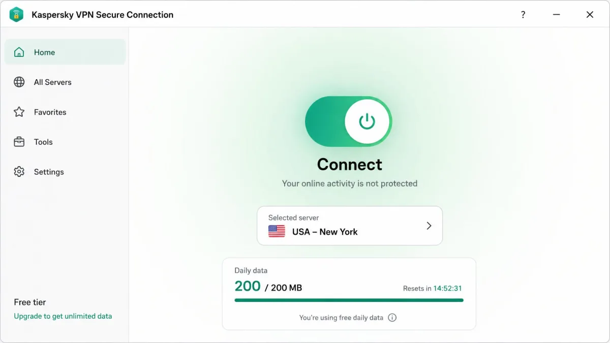 The Kaspersky VPN Secure Connection desktop app showing the large connect button, the selected server location, and the daily data counter for the free tier.