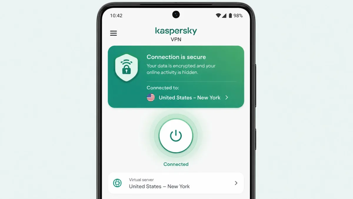 The Kaspersky VPN Android app showing the connect screen with a status banner confirming the secure connection is active and the current server country.