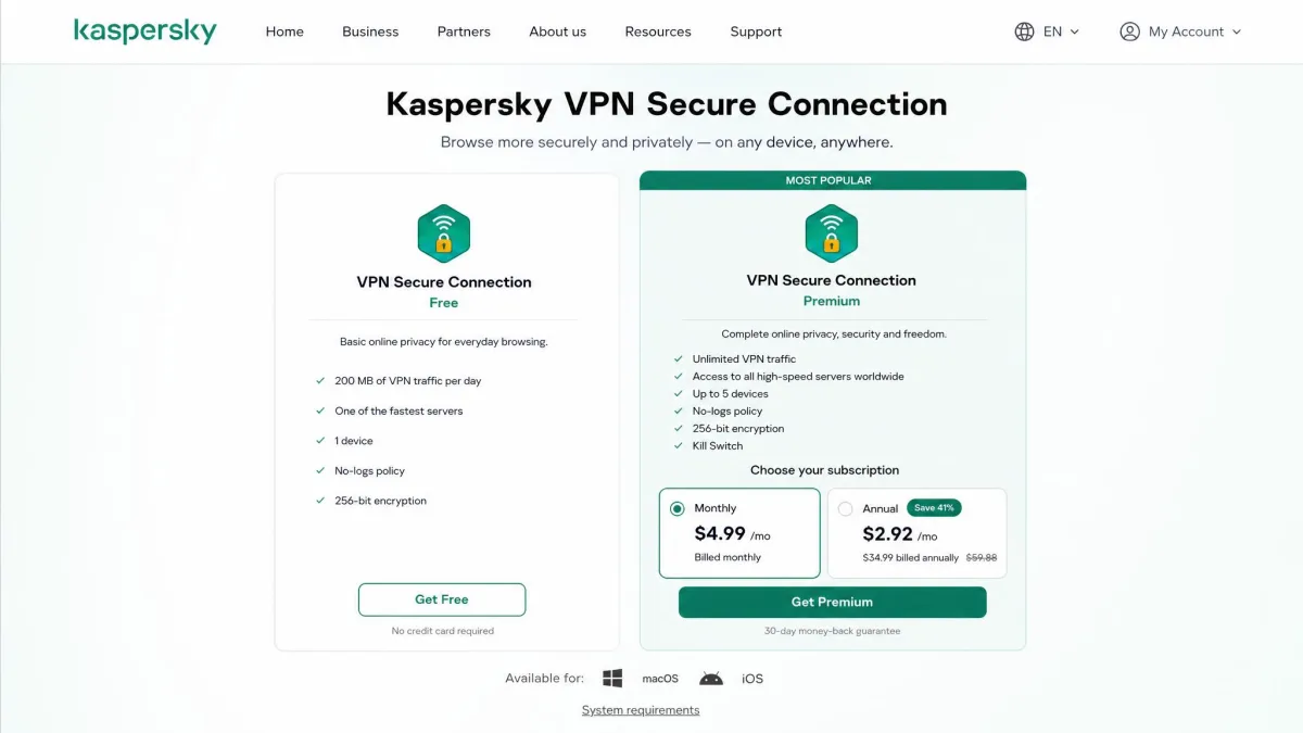 The Kaspersky VPN pricing page showing the free tier next to the paid Secure Connection subscription with the monthly and annual price options.