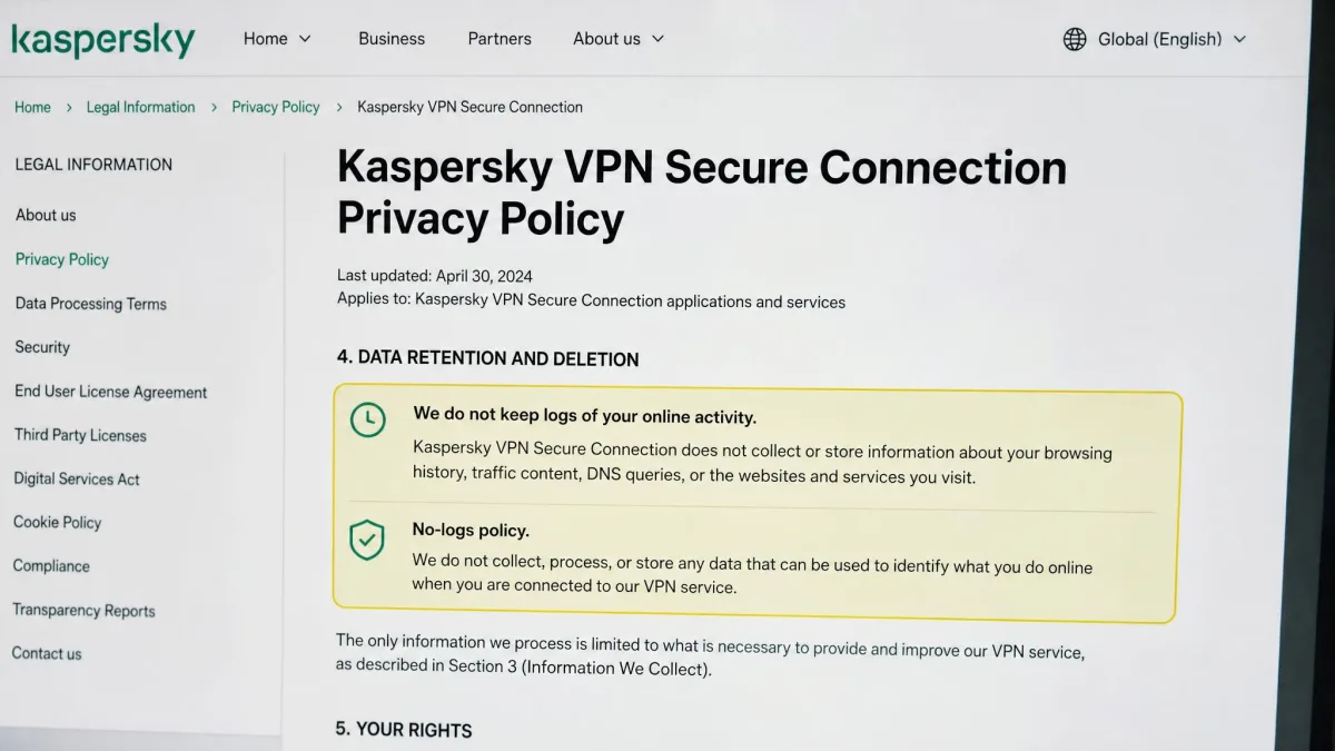 A close-up of the Kaspersky VPN privacy policy on screen with the section describing data retention and no-logs claims highlighted.