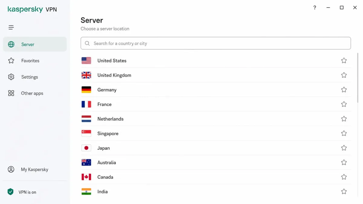The Kaspersky VPN server selection screen listing available countries with a search box at the top and a favorites star beside each location.