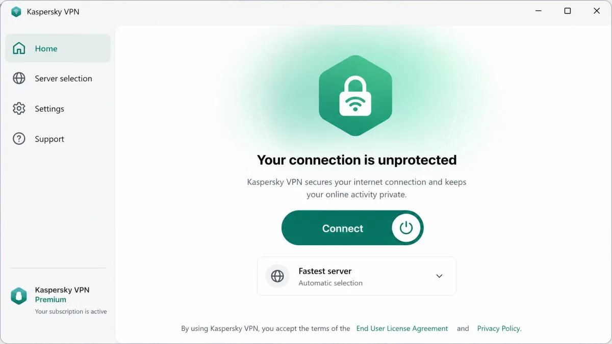 The Kaspersky VPN installation wizard on Windows showing the single-click connect screen a new user sees right after setup.