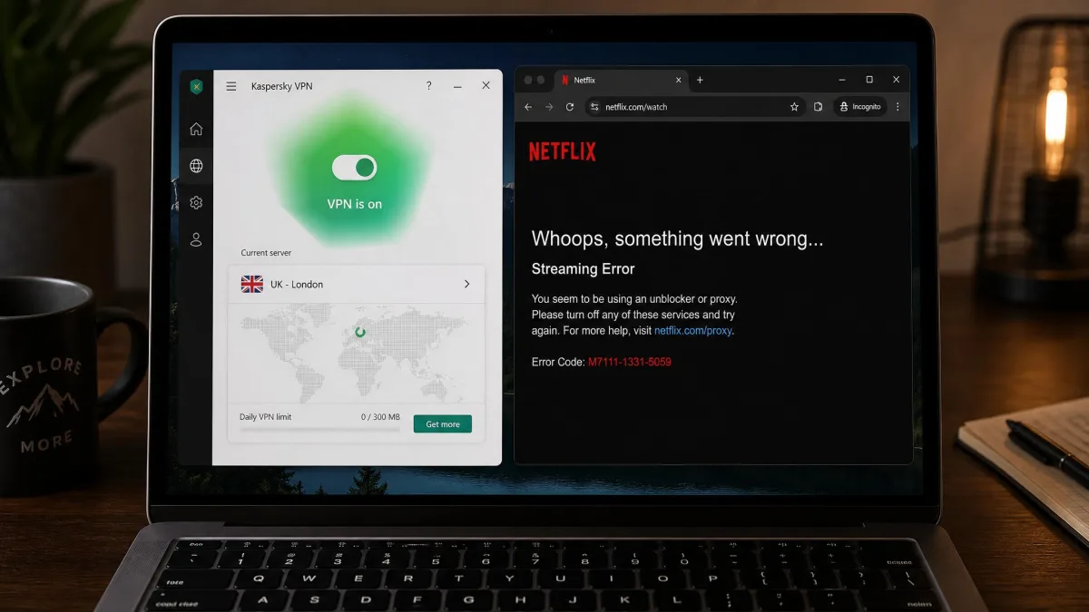 A laptop running the Kaspersky VPN app alongside a browser showing a Netflix proxy error on one attempt, illustrating the inconsistent streaming results.