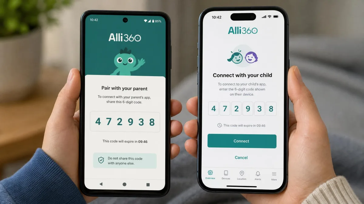 The Alli360 child app open on an Android phone displaying the six-digit pairing code screen, with the parent's iPhone held beside it showing the matching connect prompt.