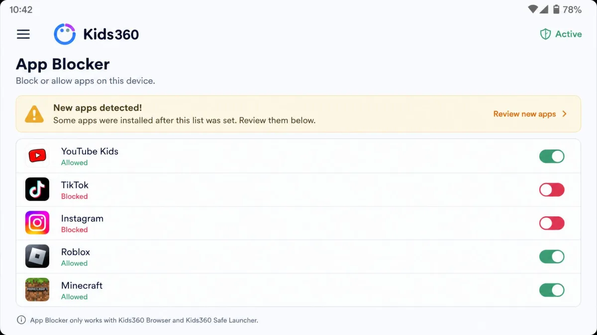 The Kids360 app blocker screen on Android with a list of installed child apps, TikTok and Instagram toggled to blocked, and a warning banner about apps installed after the list was set.