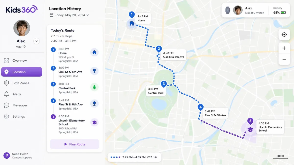 The Kids360 location history map showing a child's route between home and school across an afternoon, with timestamped pins and a battery level indicator for the child device.
