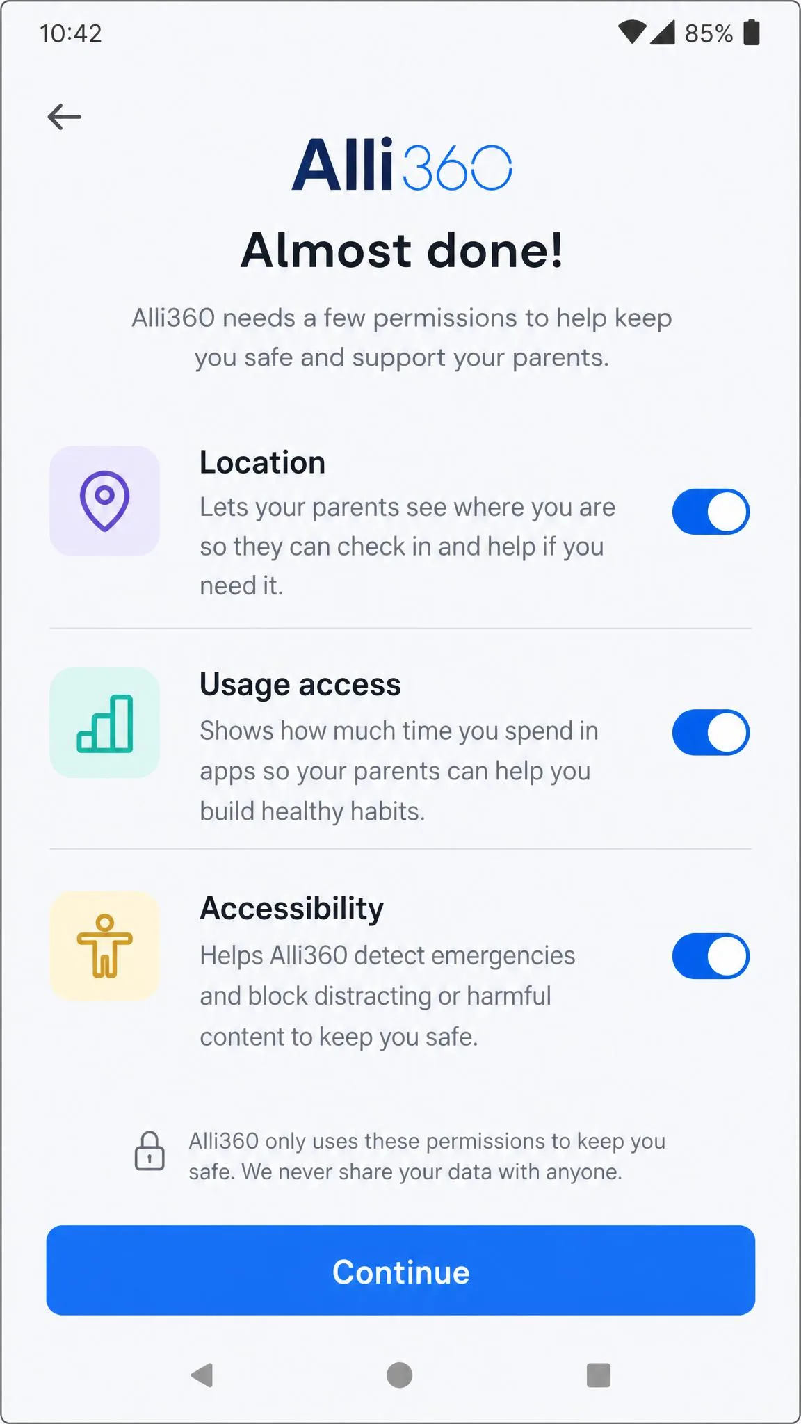 The permissions screen on a child's Android phone during Alli360 setup, listing location, usage access and accessibility toggles with plain-language explanations beside each one.