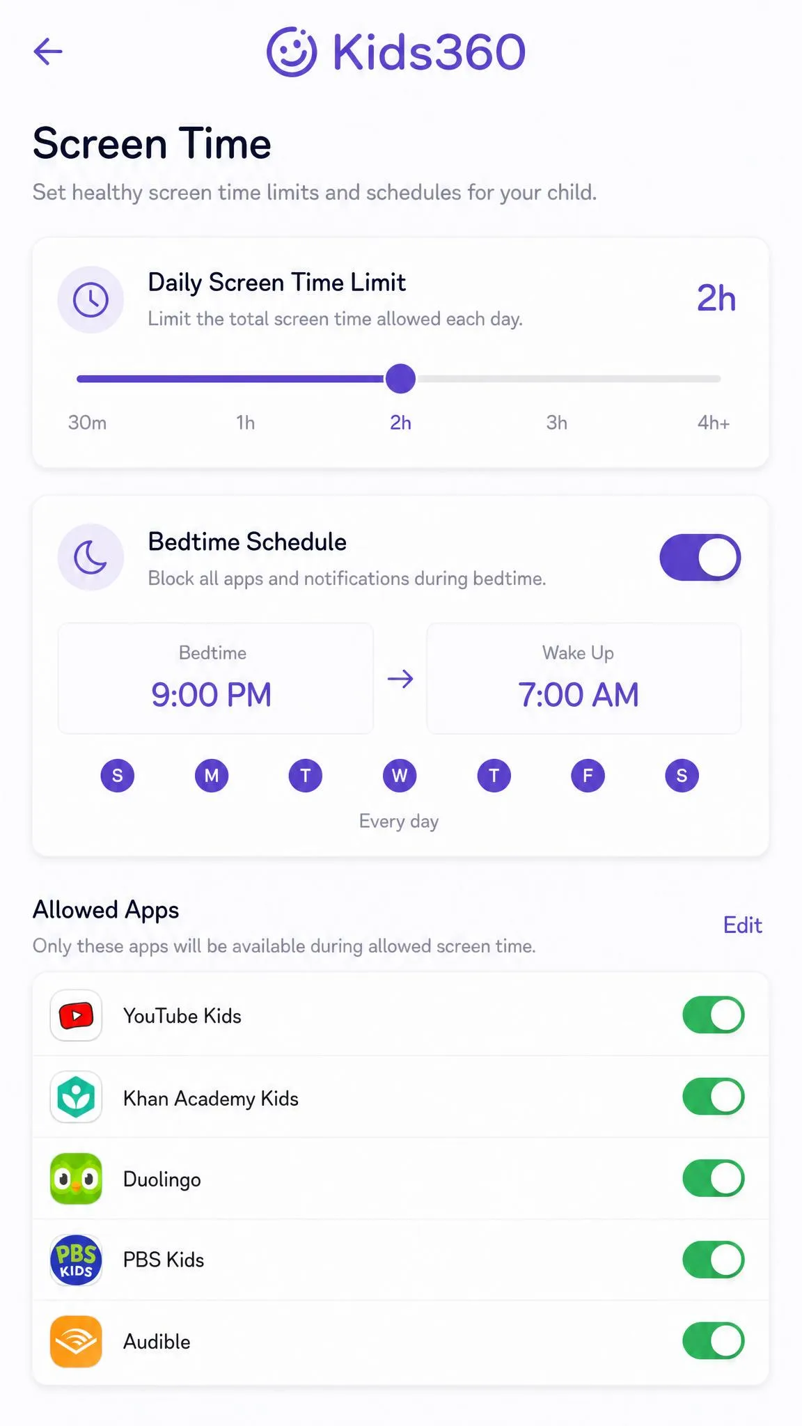 The Kids360 screen time settings screen with a two-hour daily limit set, a bedtime schedule from 9pm to 7am, and a list of allowed apps below the toggle.