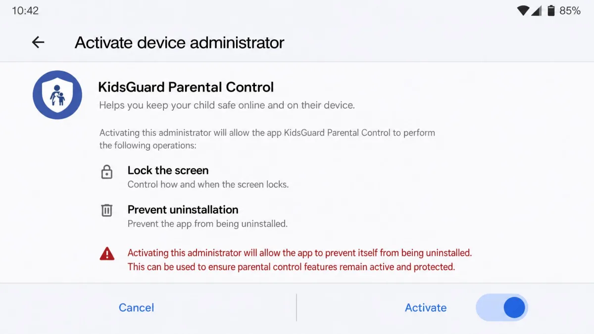 An Android permissions screen showing the device administrator toggle being switched on for a parental control app, with the warning text about preventing uninstallation visible.
