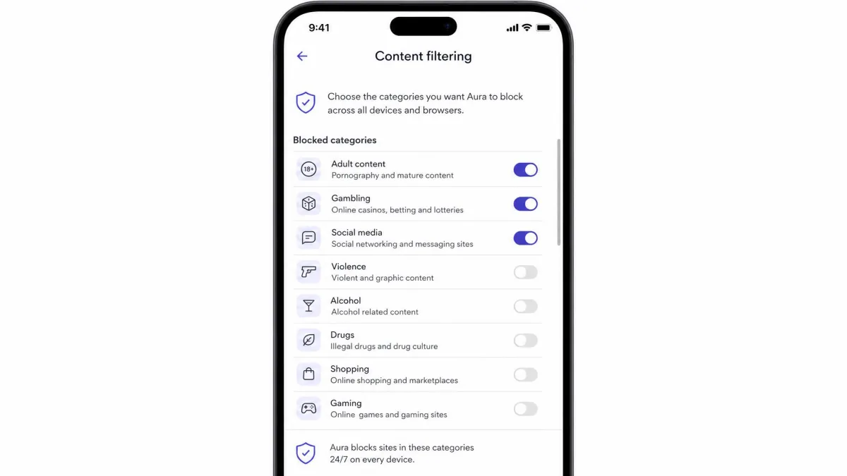 Aura's content filtering settings screen on a phone, showing a scrollable list of blocked category toggles such as adult content, gambling and social media, with three categories switched on.