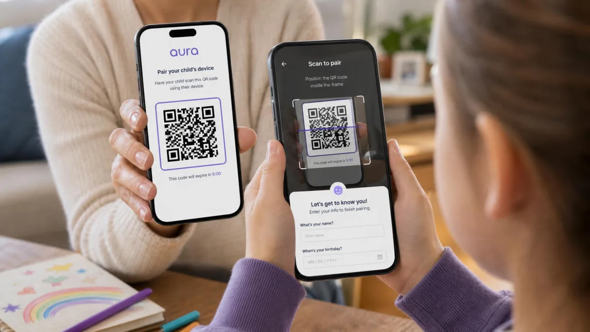 A parent holding one phone displaying Aura's pairing QR code while a child's phone in the foreground scans it, with the on-screen prompt asking for the child's name and birthday.