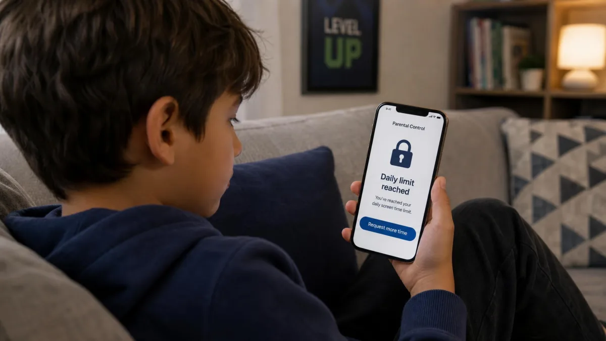 A child sitting on a sofa looking at a phone that displays a parental control lock screen saying the daily limit has been reached, with a request more time button below.