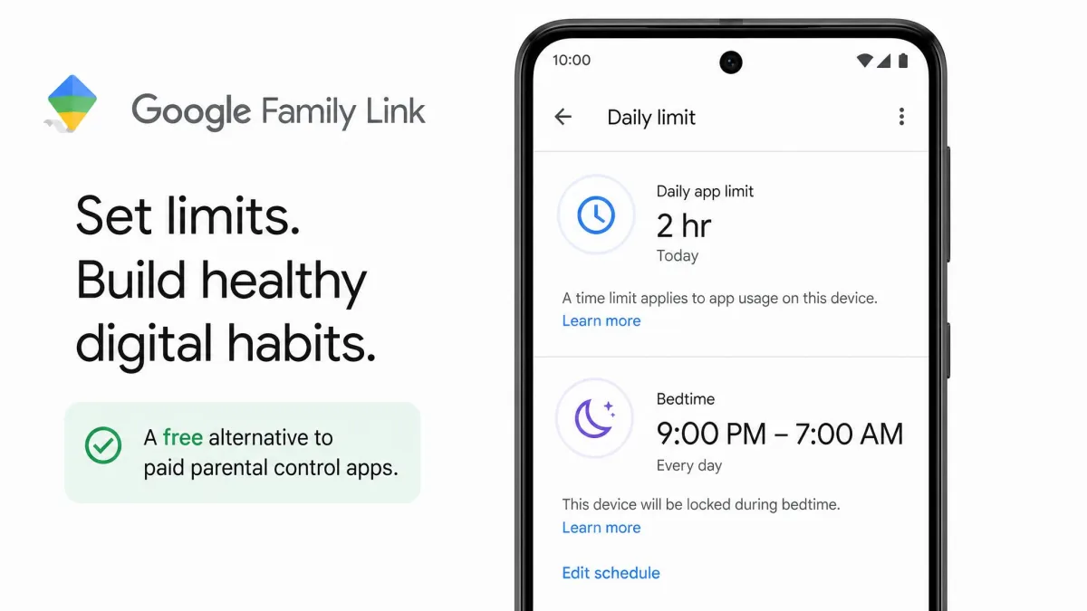 Google Family Link's daily limit screen on an Android phone showing a two-hour app limit and a bedtime schedule, presented as a free alternative to paid parental control apps.