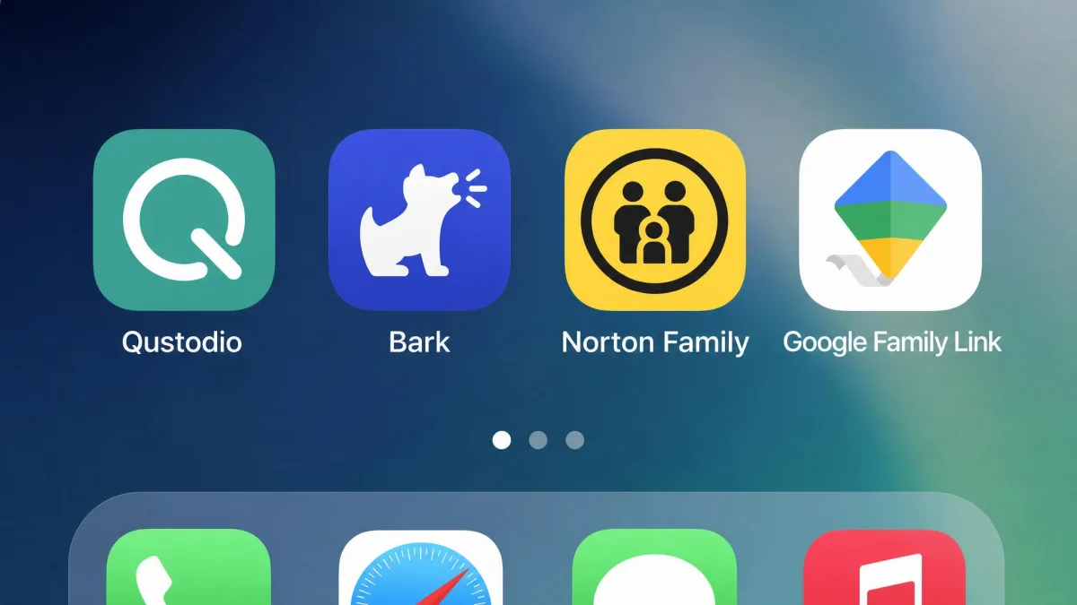 Four parental control app icons arranged in a row on a phone home screen, Qustodio, Bark, Norton Family and Google Family Link, presented as alternatives to Kids360 and Aura.